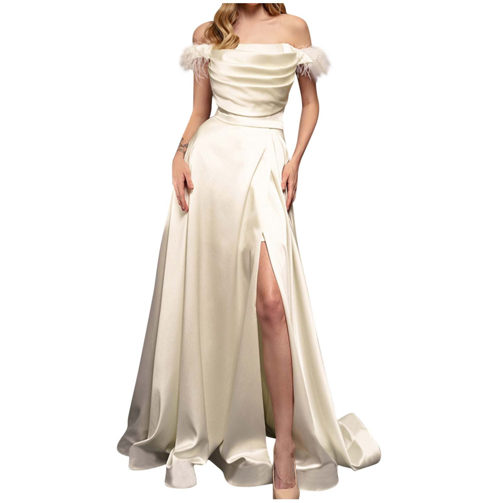 XFLWAM Women's Off The Shoulder Mermaid Prom Dresses Long Ball Gown with  Slit Wrap Satin Ruched Formal Dress for Women Beige L - Walmart.com