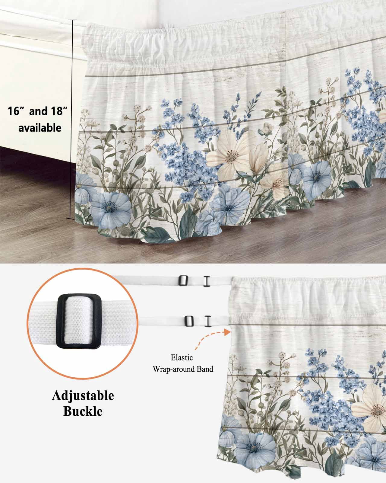 Blue Floral Spring Wrap Around Bed Skirts for Queen Bed 16" Drop,Bed Skirt with Adjustable Elastic Belt Dust Ruffle Bed Valance for Bedroom Hotel Summer Botanical Flower Vintage Bed Frame Cover