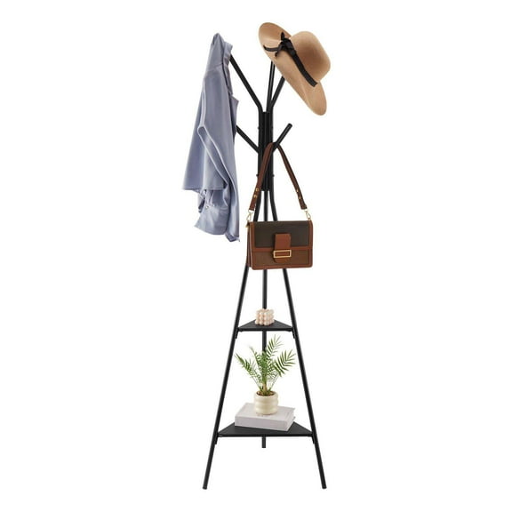 Coat Rack Freestanding - 6 Hook Metal Coat Stand with Shelves - Entryway Organizer for Coats, Hats, Bags - Living Room, Bedroom, Office