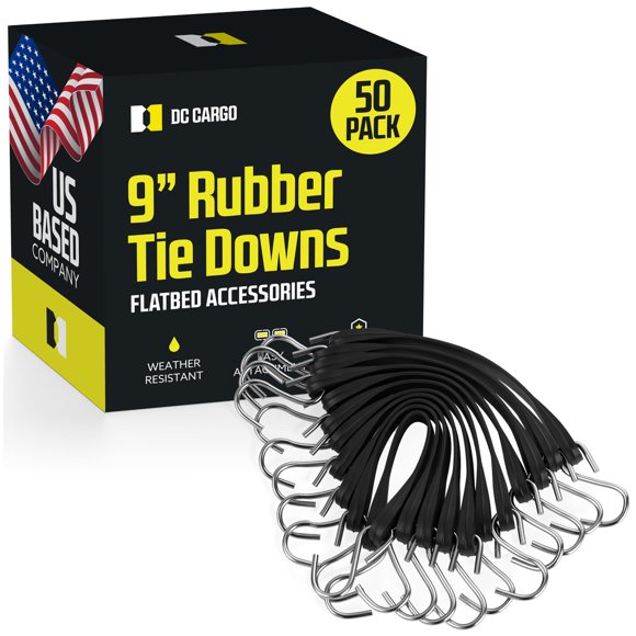 Pack of 50 Tarp Straps for Flatbed Trailers, 9" Long Natural Rubber Bungee Cord Tie-Downs Ideal for Securing Tarps, Canvases, Cargo in Cold Climates | Tie-Downs w/ Metal S-Hooks