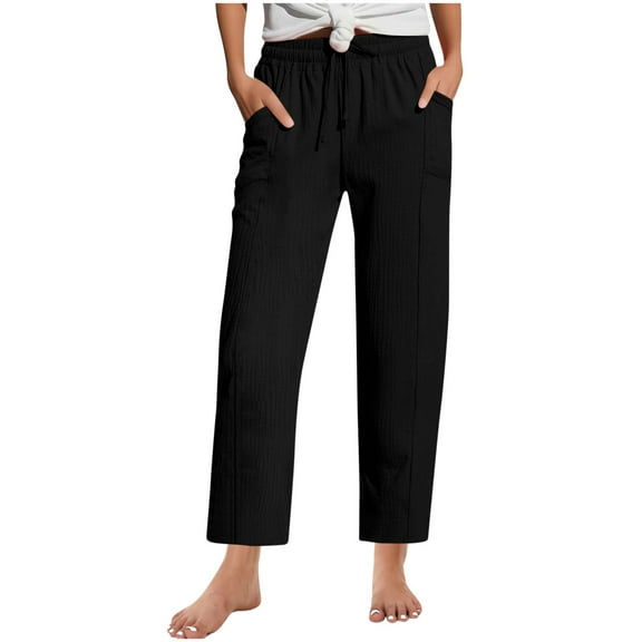 Womens Drawstring Pants Solid Color Elastic Waist Straight Leg Pants Casual Summer Long Trousers with Pockets