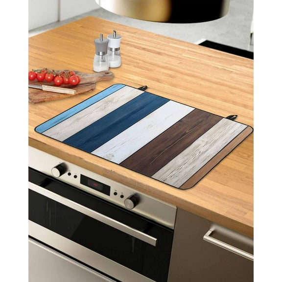 nqOlkjepod Large Induction Cooktop Protector Mat 28.5"x20.5", Blue Brown Farmhouse Stove Top Covers for Electric Stove, Vintage Retro Wooden Decorative Stove Burner Cover Mats, Glass Top Stove Cover