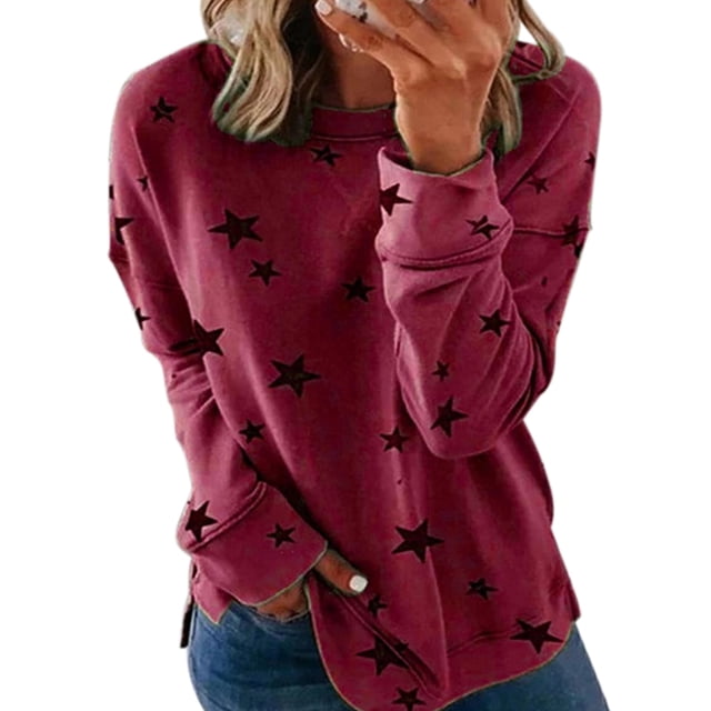 LUXUR Tee-Shirt Femme Col Rond T-shirt Manches Longues T-shirt Chandail en Molleton Pull Imprimé Étoiles Hauts Rouge Vin 4TG