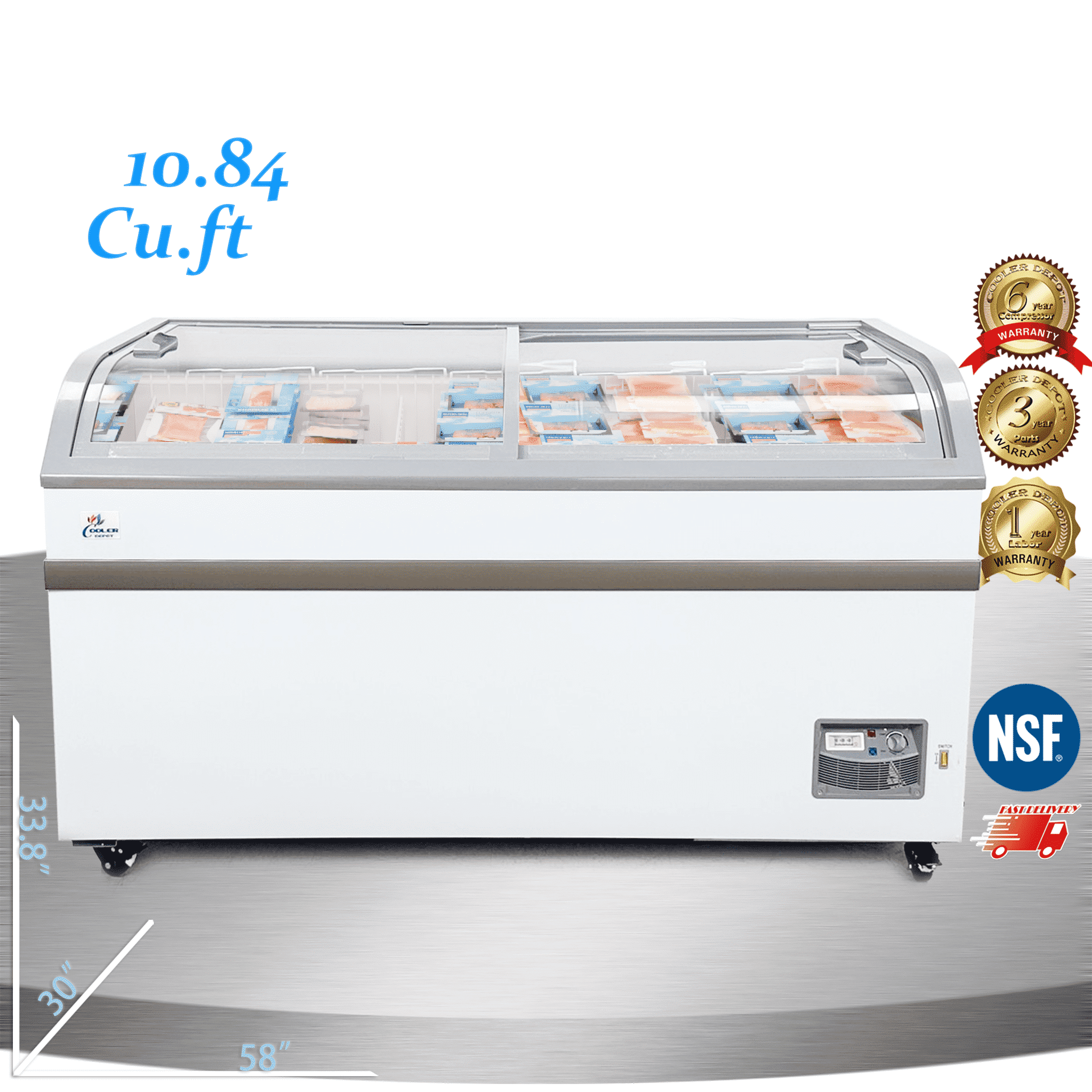 58" Commercial Chest Freezer with Curved Glass Sliding Doors, NSF Supermarket Display Freezer, LED Lighting, Grocery Island Freezer, Cooler Depot