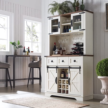 OKD Farmhosue Bar Cabinet with Sliding Barn Door, 72" Large Kitchen Buffet with Hutch，Rustic Coffee Bar Sideboard Table, Antique White