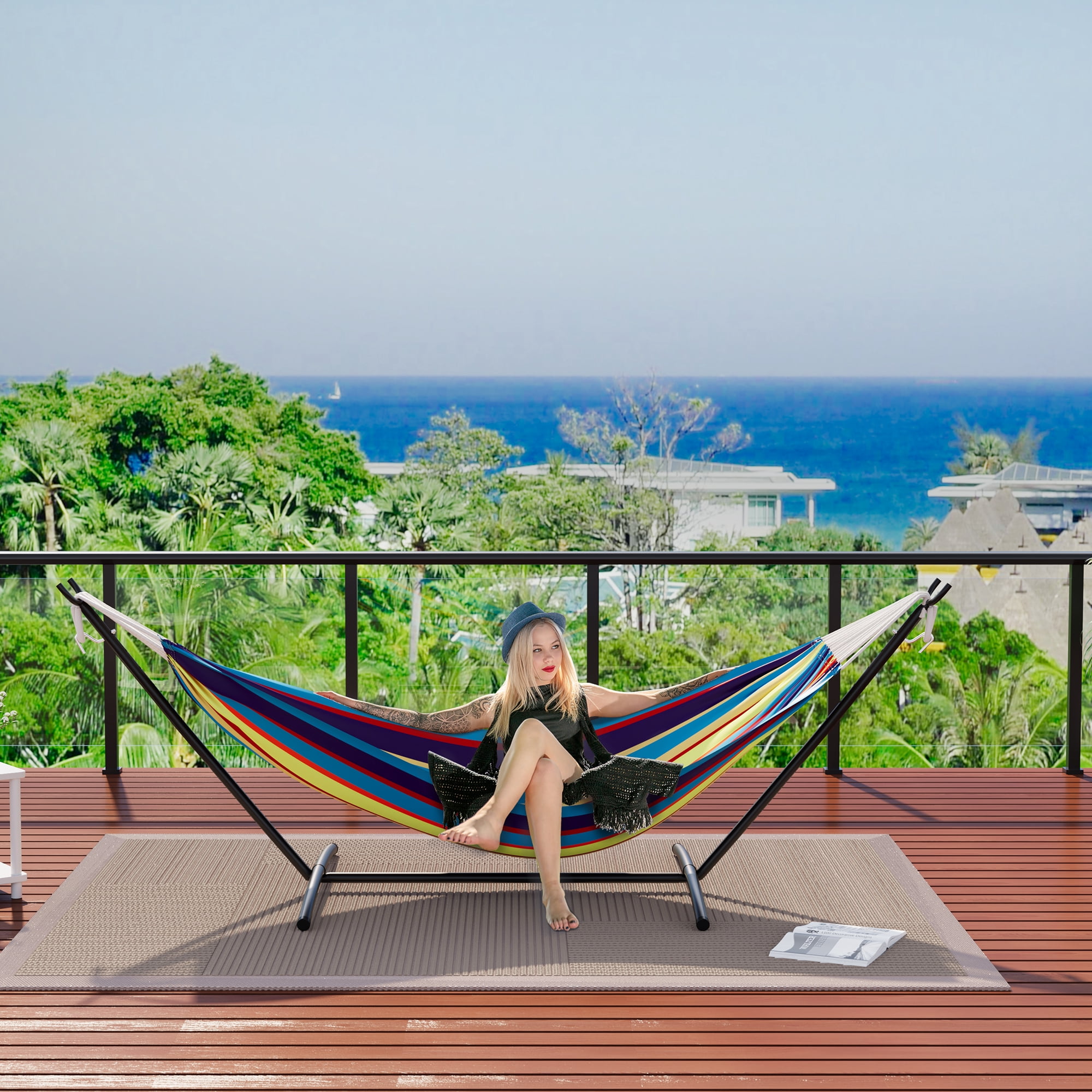 COZONY 2-Person Hammock with Steel Stand, 450lb Capacity, Portable Cotton Rope Bed, Carry Bag Included