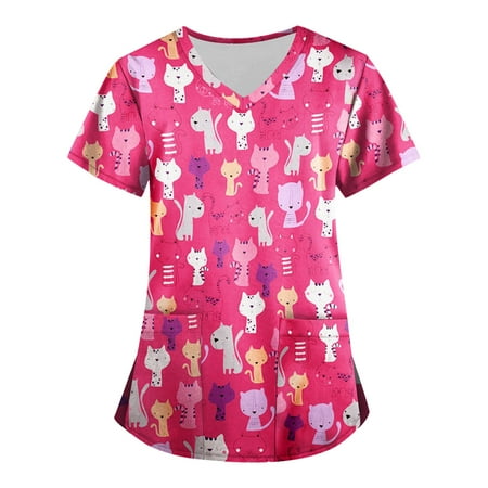 

Knosfe Womens Scrubs Sets Clearance with Two Pockets Printed Scrub Tops Short Sleeve Cartoon Pattern V Neck Uniform Shirts for Women Summer Casual Blouses Shirts Pink XXL