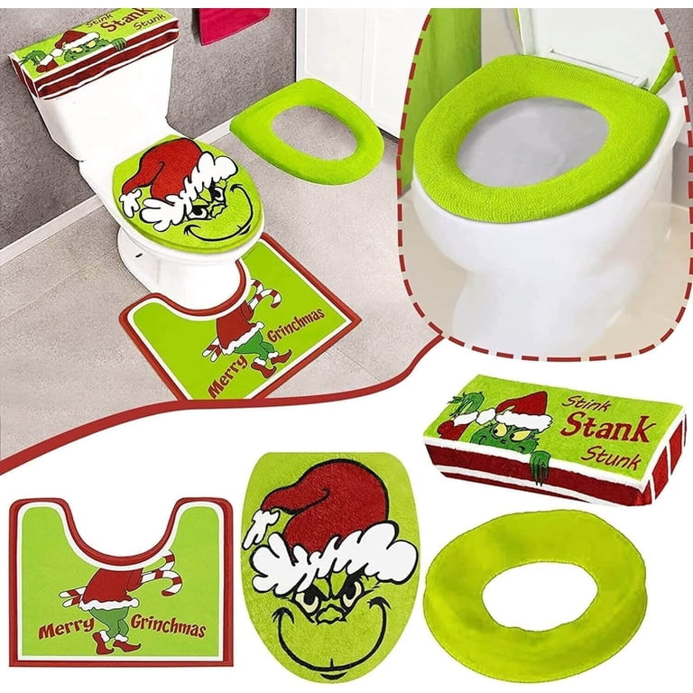 Set De Décoration De Salle De Bain Grinch De Noël - Housse D'abattant, Tapis Et Couvre-réservoir - 4 Pièces Antidérapantes, Lavables - Pour Ambiance Festive