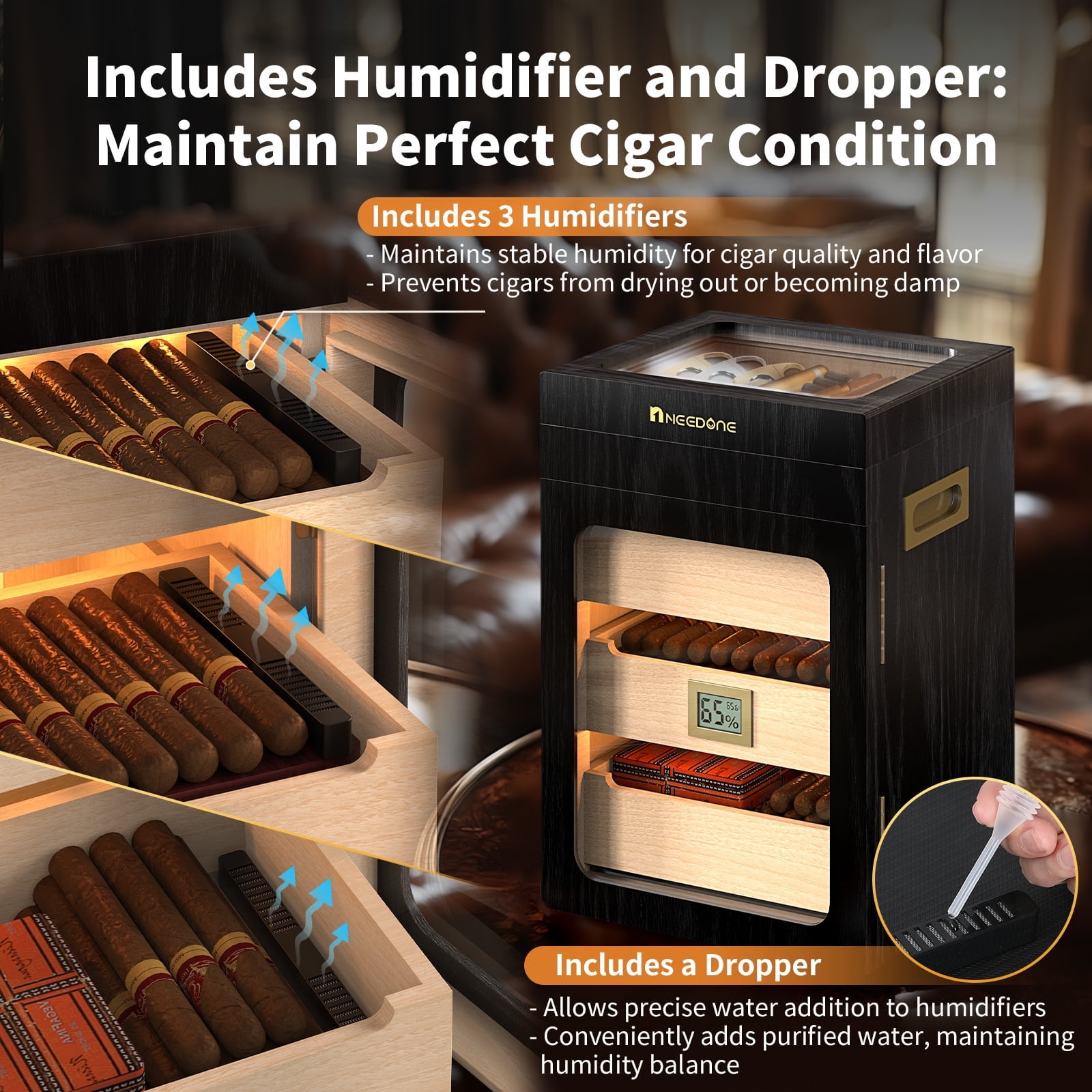 NEEDONE Cigar Humidor, Glass Top Drawer & LED Lighting,3 Humidifiers,Cedar Wood Shelves,Desktop Humidor Box Case Cabinet can Hold 150 Cigars,Gift for Men