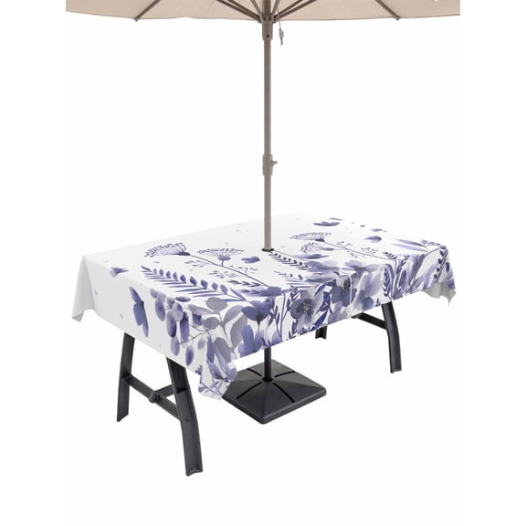 Outdoor Tablecloth with Umbrella Hole for Patio/Picnic/Party/Camping, Purple Spring Floral Waterproof Table Cloth Rectangle Table Cover Washable, Watercolor Elegant Pastoral Flowers (54"x 80")