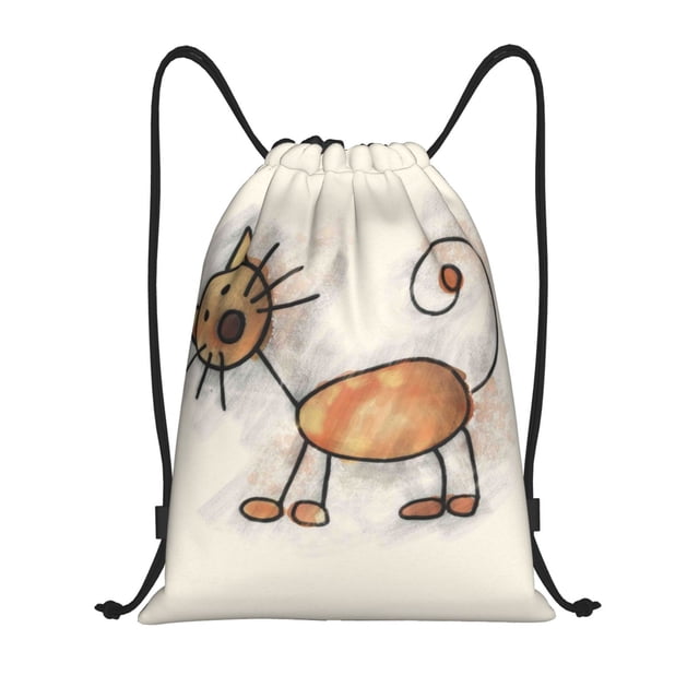 Xecao Brown Cat Cartoon Pattern Sports Drawstring Backpack - String Swim Gym Bag with Wet Proof Pocket for Women&Men-Small