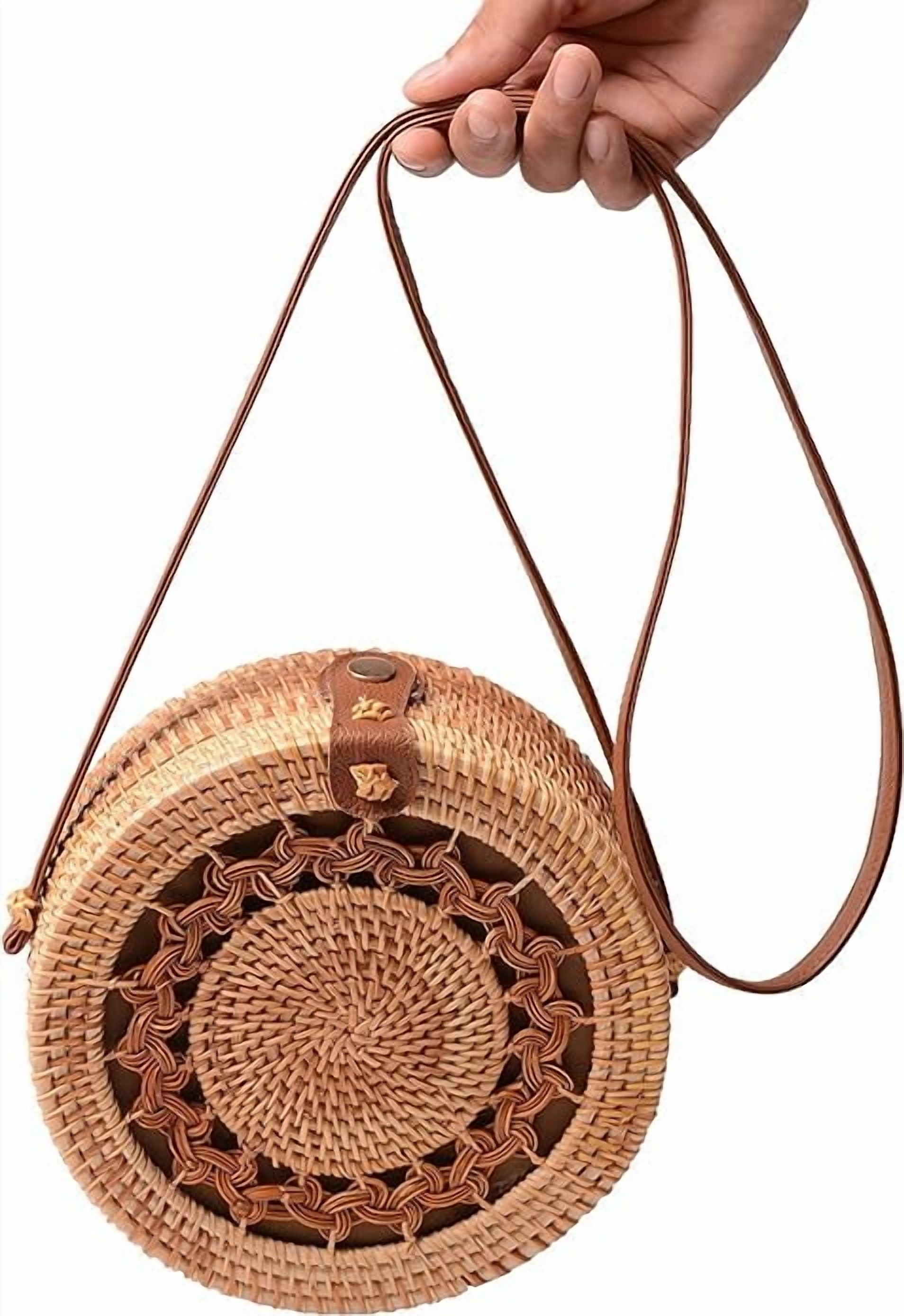 Handwoven Rattan Bag Shoulder with Leather Strap, Women Handmade Wicker Woven Purse, Brown Straw Boho Basket Handbag(7.9x7.9x3.1inches)