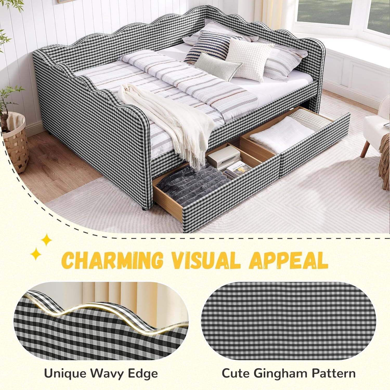 avobird Cozy Gingham Daybed with 2 Storage Drawers Queen Size Sofa Bed for Living Room, Sleeper Sofa with USB Port and Adorable Wave Shaped, Linen Fabric, Black