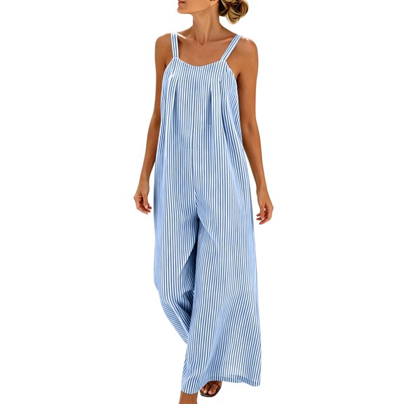 YYV Overalls for Women Cotton Linen Jumpsuit Casual Round Neck Striped Sleeveless Romper with Pockets for Summer Spring Blue S
