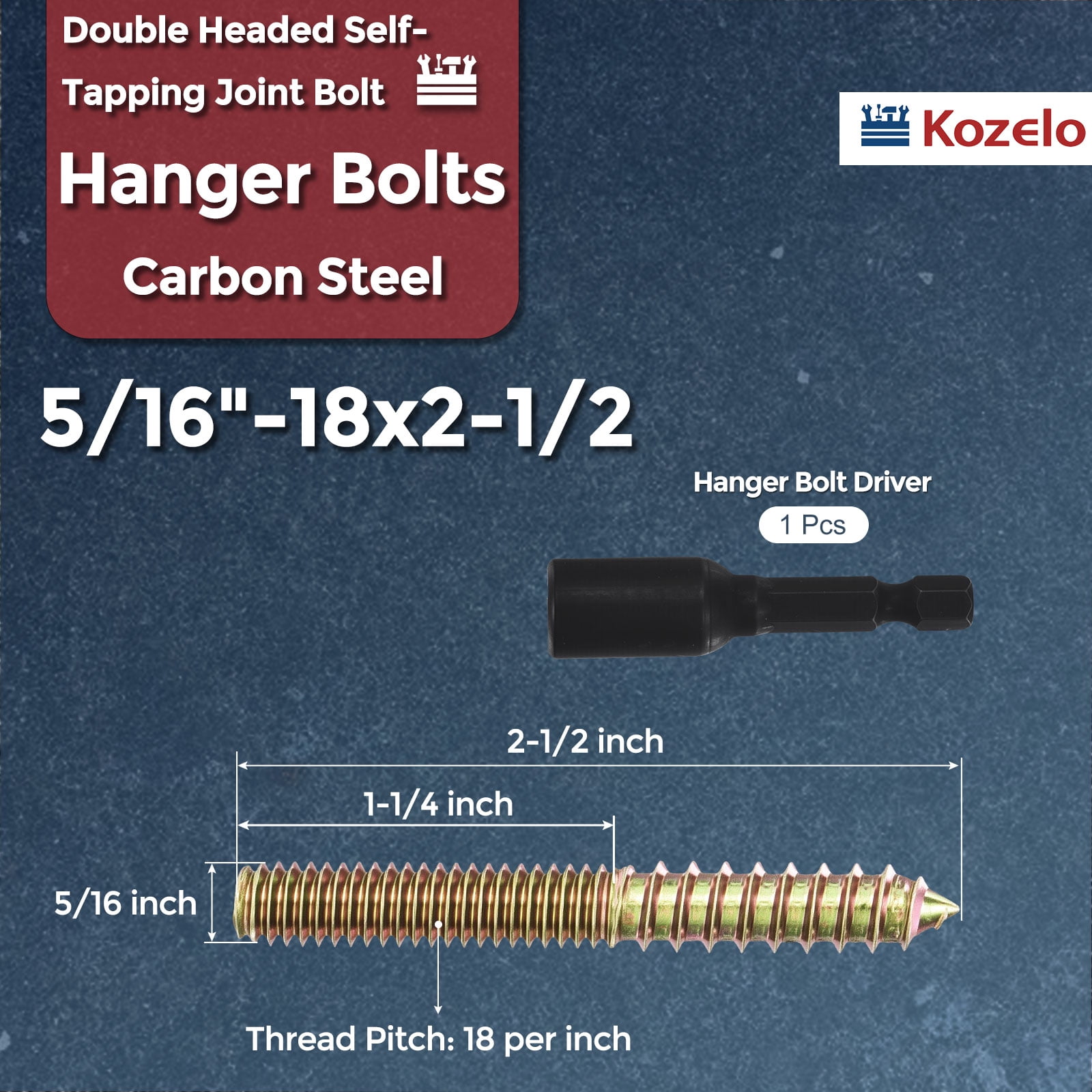 Uxcell 20pcs Hanger Bolts with Driver - [5/16"-18x2-1/2"] Double Headed Wood Dowel Self Tapping Screw Set for Repair, Dual Ended Thread Rod Joint Blot, Colored Zinc Coating