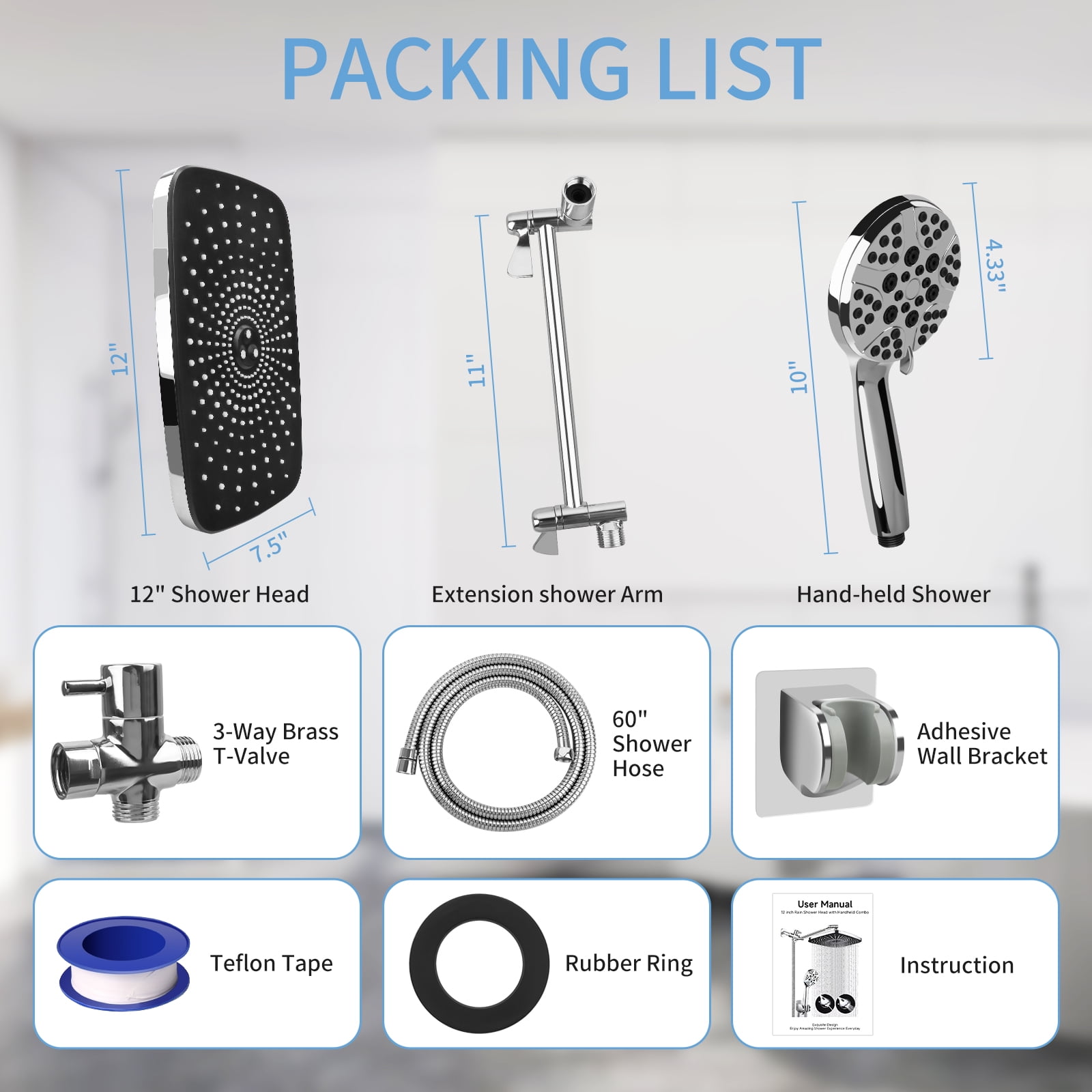 PHANCIR 12" High-Pressure Rain Shower Head Set with  11" Adjustable Extension Arm. Anti-Clog Nozzles & Versatile Spray Settings, 60" Hose, Chrome