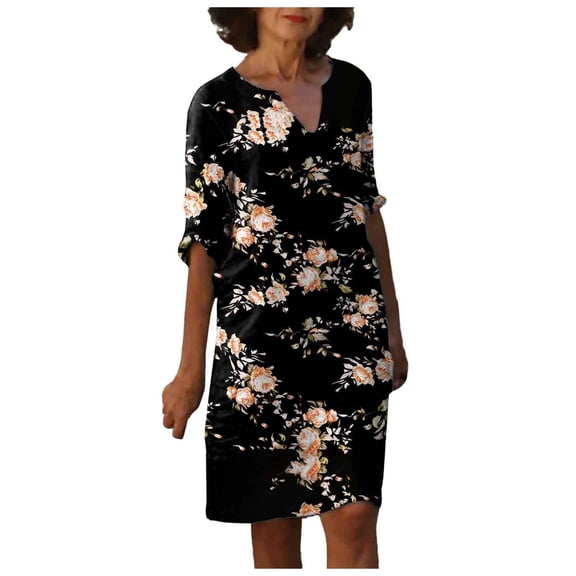 XIAOCHA Womens Floral Print Dress Loose Flowy Elbow Sleeve Split Neck Midi Dress Casual Elegant Daily Dresses