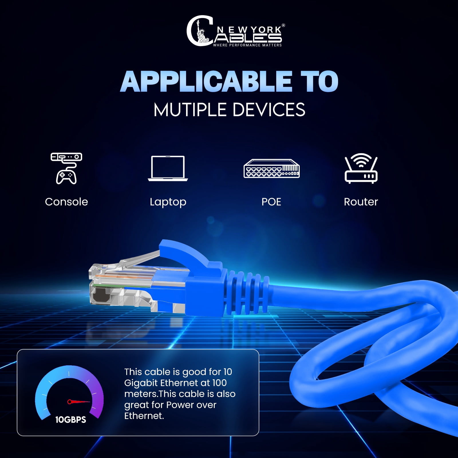 NewYork Cables Cat6a Riser Pure Copper 1000ft Bulk Ethernet Network Lan Cable UTP 4 Pairs 10 GBit/s 750MHz 23AWG Black