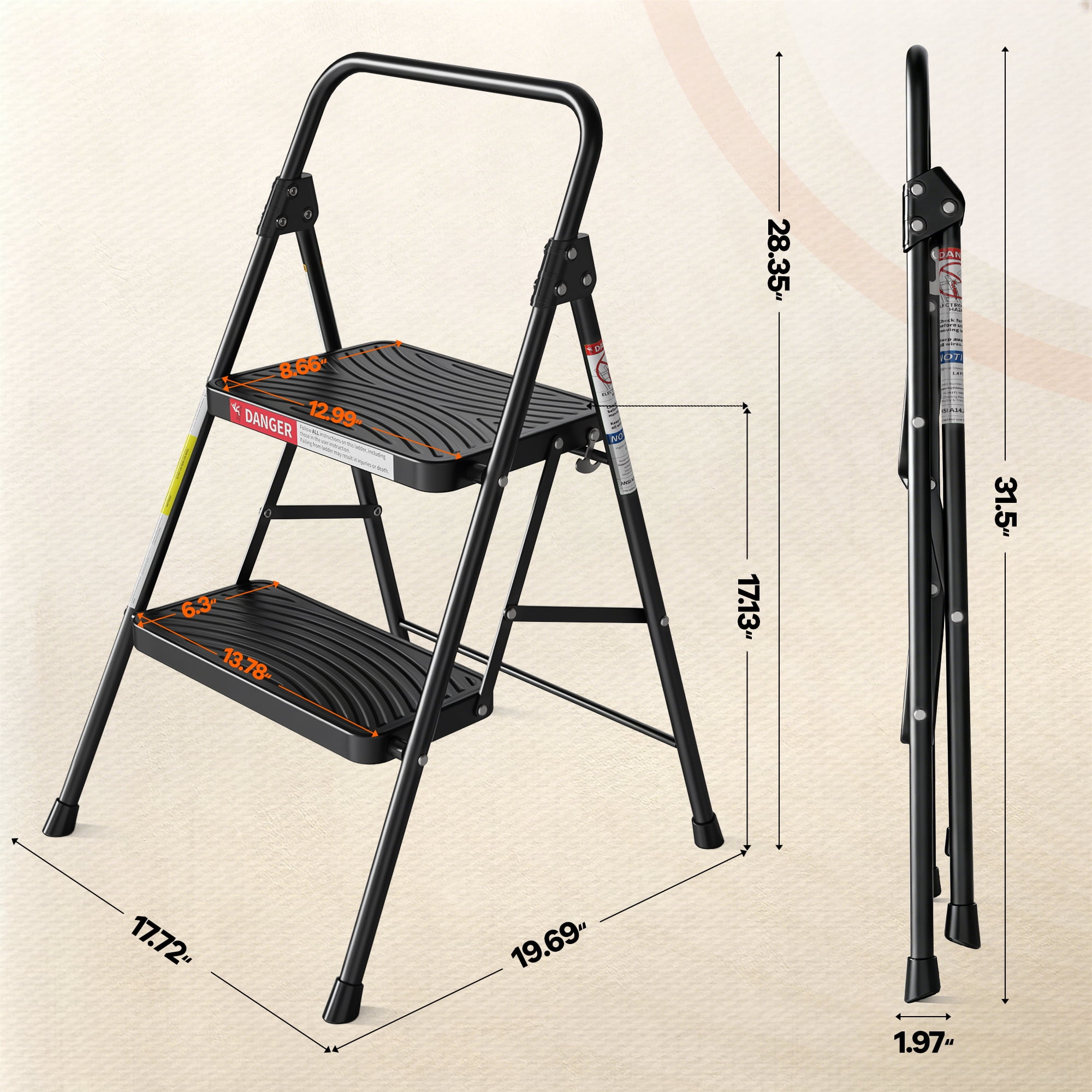 LevLad 2 Step Stool with Anti-Slip Pedal, Foldable Step Ladder, 330lbs Capacity, Protable Heavy Duty Step Stool for Kitchen, Garage & Outdoor Use, Black