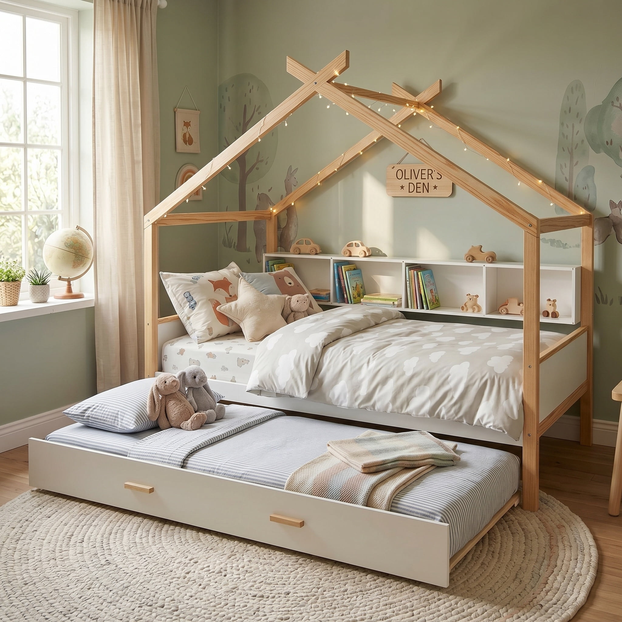 Euroco Wood Twin Size House Bed with Bookcase and Trundle Bed, White