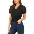 thumbnail image 4 of INSPIRE CHIC Women's Swiss Dots V Neck Puff Sleeve Smocked Waist Tops L Black, 4 of 6