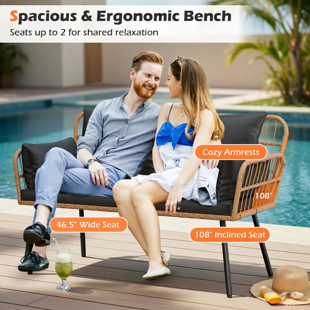 Hommoo Hommoo 2-Seat Outdoor Wicker Loveseat with Cushions, Heavy-Duty Steel Frame, PE Rattan Patio Chair for Backyard, Deck or Balcony, Black