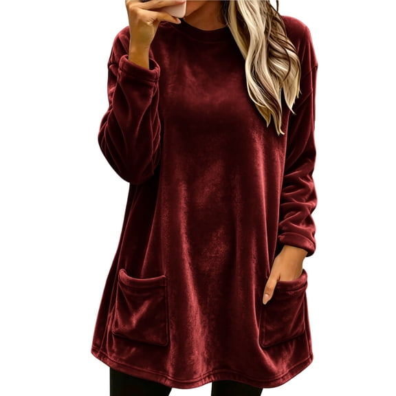 NominalSnug Women's Velvet Long Sleeve Tunic Top Casual Crew Neck Loose‑Fit Shirt With Front Pockets