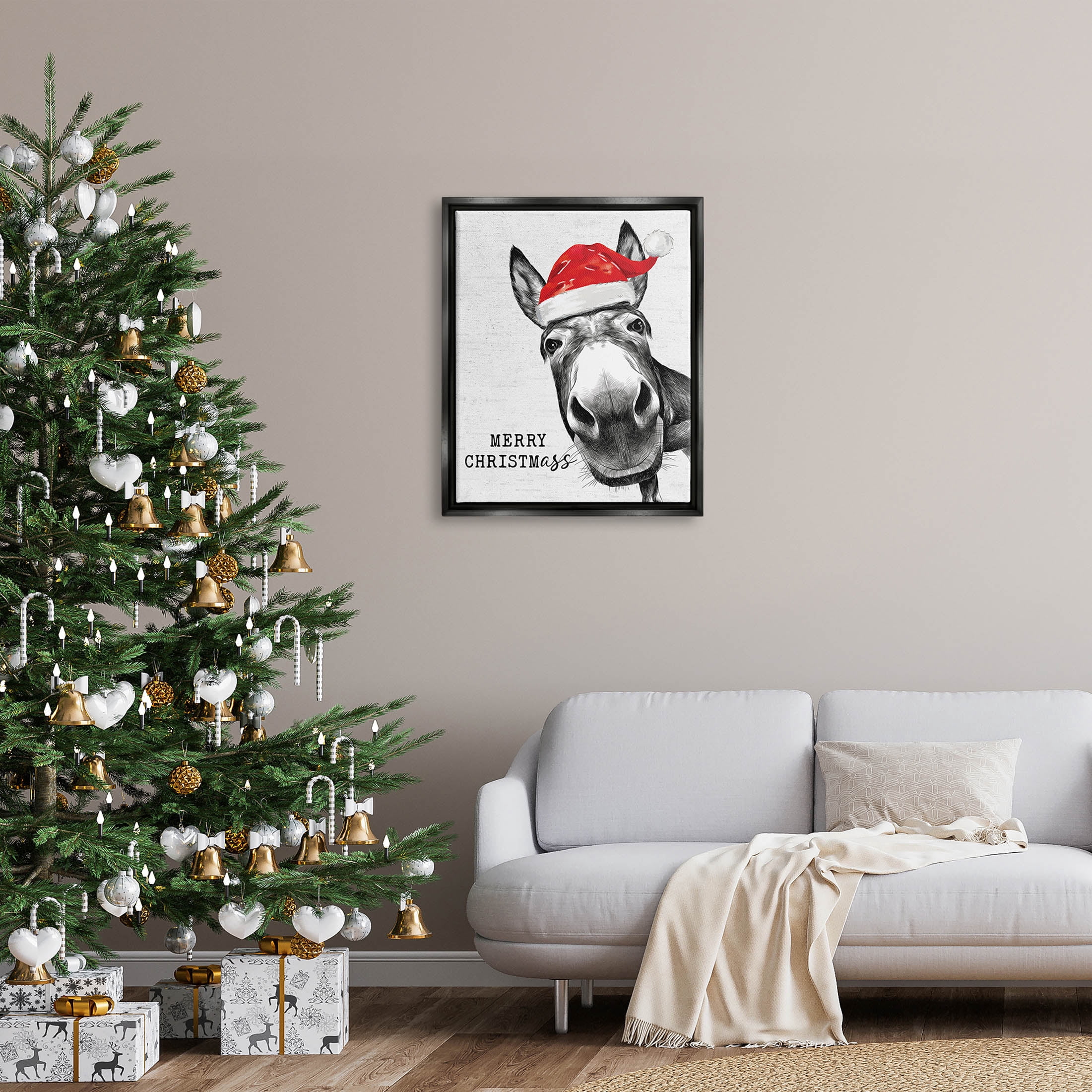 Stupell Industries Merry Christmass Funny Donkey Graphic Art Jet Black Floating Framed Canvas Print Wall Art, Design by Lettered and Lined