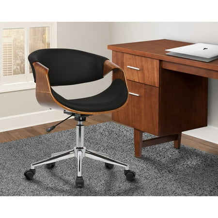 Armen Living Geneva Mid-Century Office Chair in Chrome finish with Black Faux Leather and Walnut Veneer