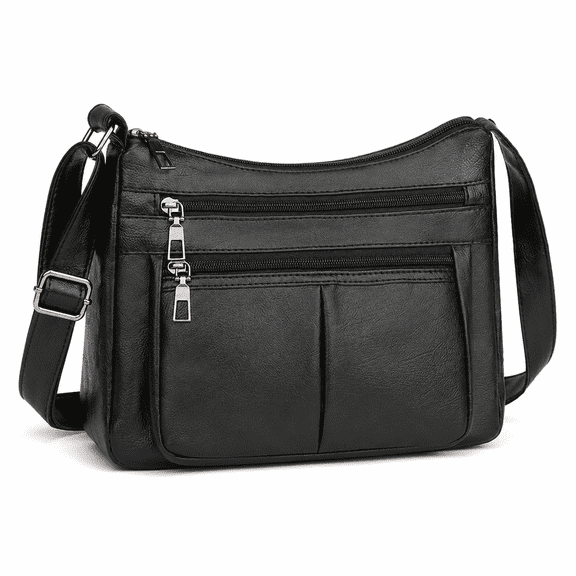 Black Zipper Crossbody Bag With Wide Shoulder Strap Phone Wallet Shoulder Purse Multiple Zipper Pockets Womens Handbag Faux Leather Black Color