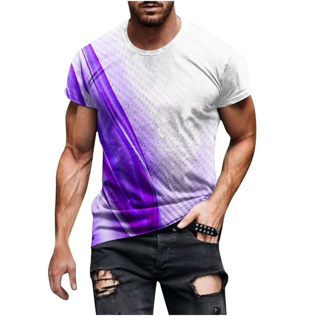 HKEJIAOI T-Shirt d'Été à Manches Courtes pour Hommes avec Imprimé Dégradé et Bordure Rayée, Col Rond