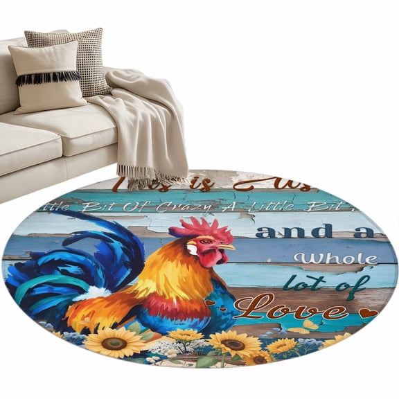 Round Area Rug 4ft Farm Rooster Sunflower Carpets Indoor Floor Area Mat Stain-Proof Mat Circle Rugs for Living Room Dining Room Kitchen Bedroom, Blue Wood Grain Chicken Animal Sofa Throw Carpet