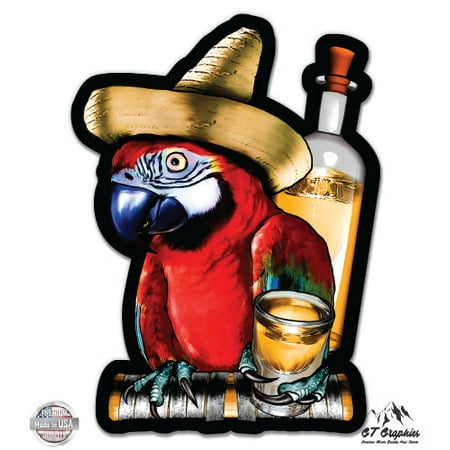 Red Macaw Rum Sombrero Mexico Vacation - 3" Vinyl Sticker - For Car Laptop I-Pad Phone Helmet Hard Hat - Waterproof Decal