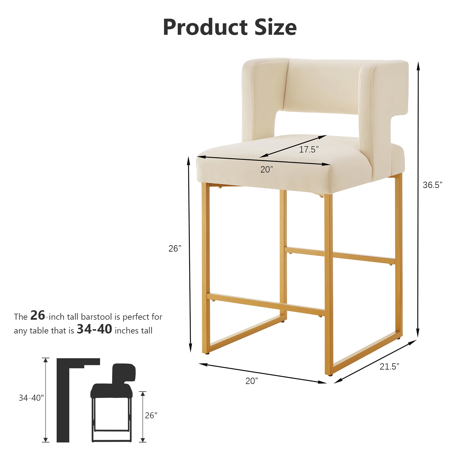 Lecut 26" H Counter Height Bar Stools Set of 2, Modern Velvet Bar Stools with Square Open Backrest and Gold Metal Frame, Kitchen Counter Stools for Island, Home Bar, Pub,Beige+Gold