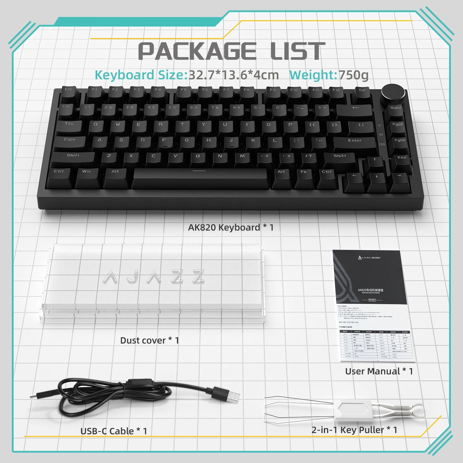 AJAZZ AK820 75% Wired Mechanical Gaming Keyboard, Gasket Mount, Hot Swappable Red Switches, RGB Backlit, PBT Keycaps, Volume Knob, PC/Mac Compatible - Black
