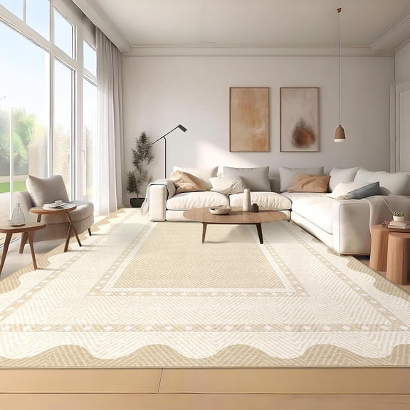 8x10 Washable Area Rug with Non-Slip Backing, Modern Border, Beige for Living Room Bedroom