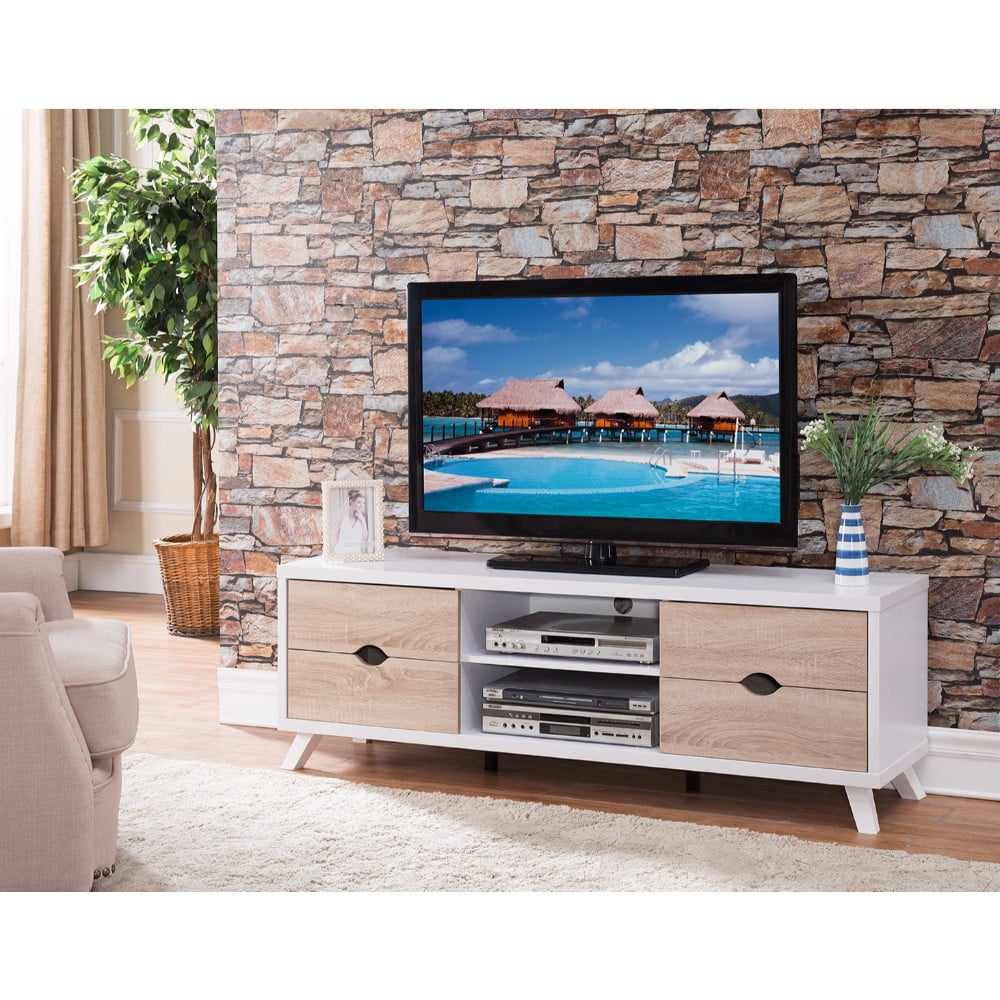 Modern TV Stand With Cutout Drawer Storage, White and Brown
