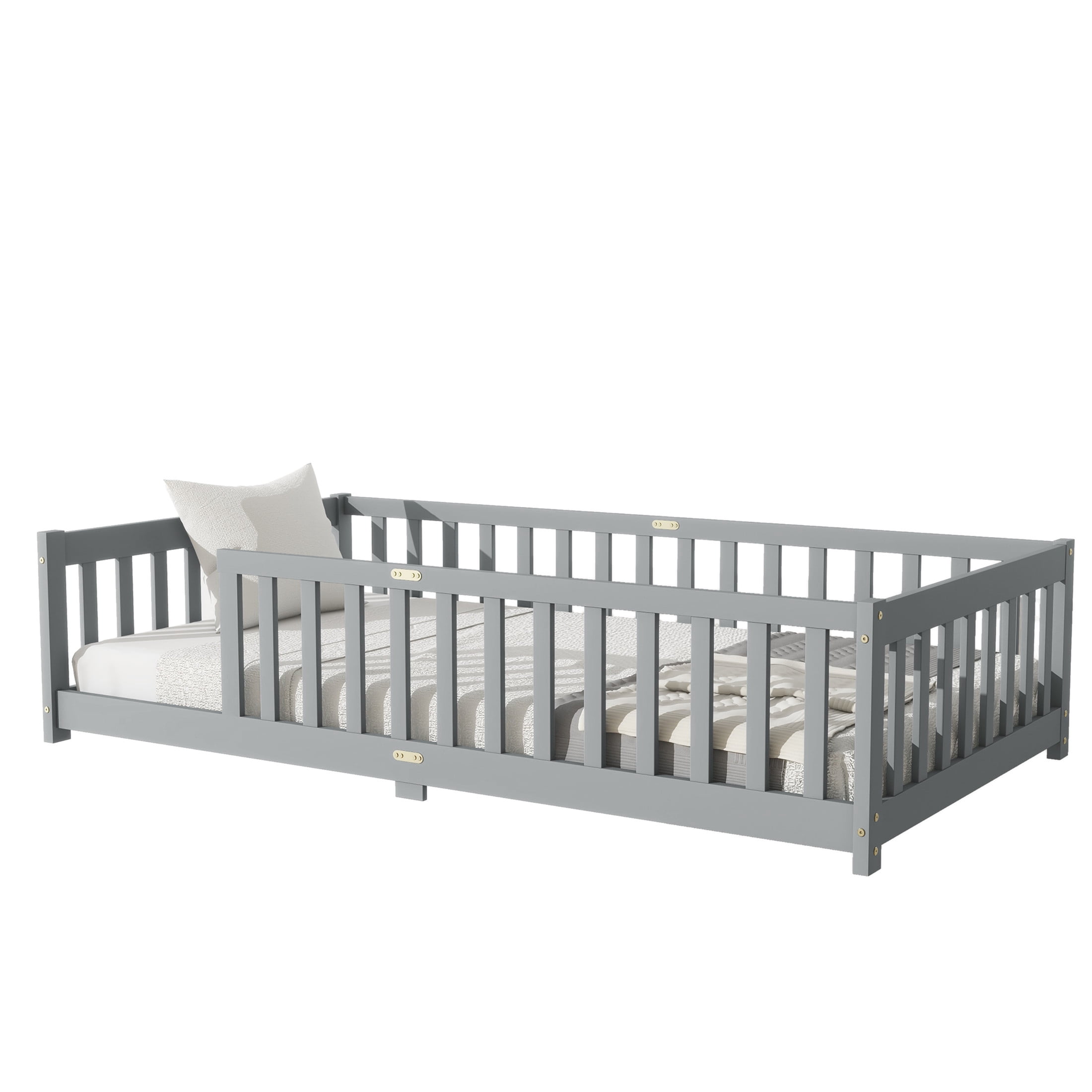 Noble House Erika Twin Floor Bed with Safety Fence, Rubber Wood Montessori Bed Frame, Kid's Room, Gray