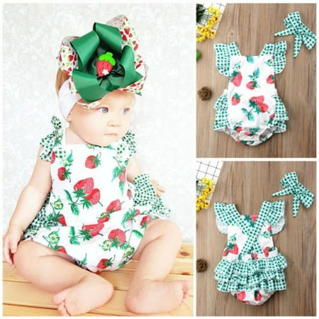 Newborn Baby Girl Cute Strawberry Print Halter Headdress Two-piece