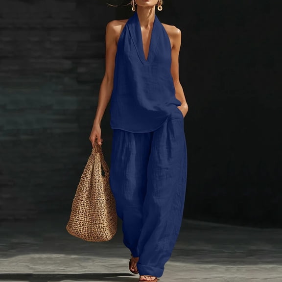 SOOMLON Boho Outfits for Women Plus Size Soft Halter Sleeveless Shirt Long Pants with Pockets Summer 2 Piece Matching Set