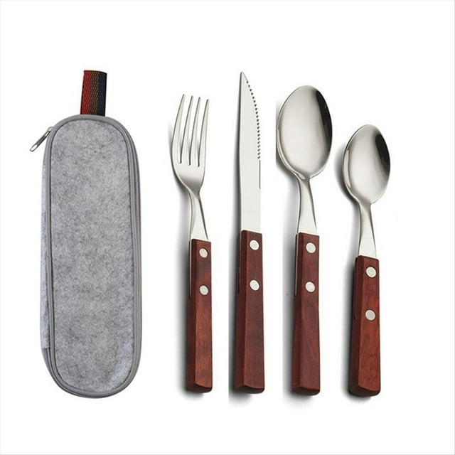 Juego de Cubiertos Completo Cuchillo, Tenedor, Palillos y Cuchara Juego de Viaje de Acero Inoxidable Tenedor con de Madera B