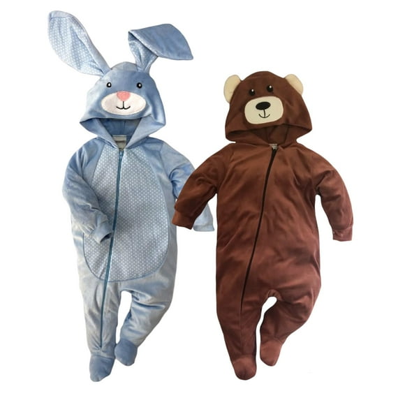 Kit de 2 Mamelucos con Gorro Bordado Baby Kisses Conejo Azul y Osito KitB437