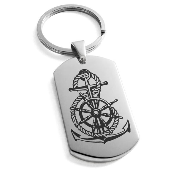 Tioneer Stainless Steel Nautical Anchor Ship Helm Wheel Engraved Dog Tag Keychain Keyring