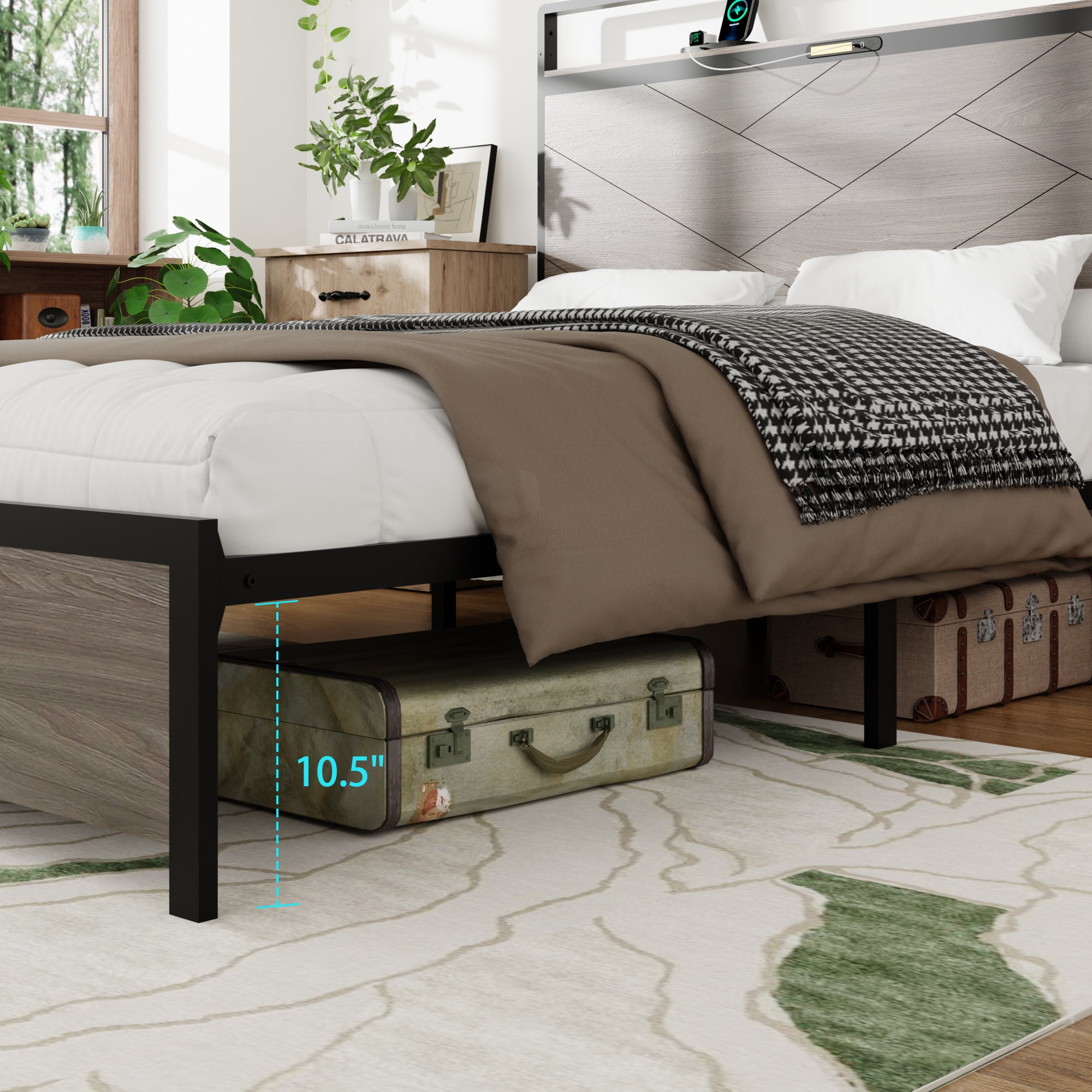 Bed frame queen size, wooden platform bed frame with storage LED light headboard and 2 USB, no noise, no spring mattress required and simple assembly tools, large underbed storage,Antique Grey