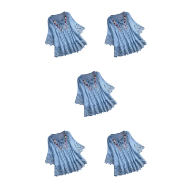 Camisa de Moda Qarigey para Mujer Blusa Vintage Cuello en V Lazo Ocio Diario Playa Azul XXL Type2 NO2
