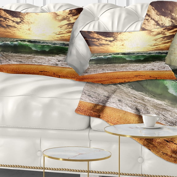 Designart Raging Green Waves At Sunset - Seashore Throw Pillow - 12x20
