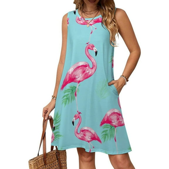 Women Clothing Dress Pink Flamingos Tropical Pattern Round Neck Sleeveless Length Dress