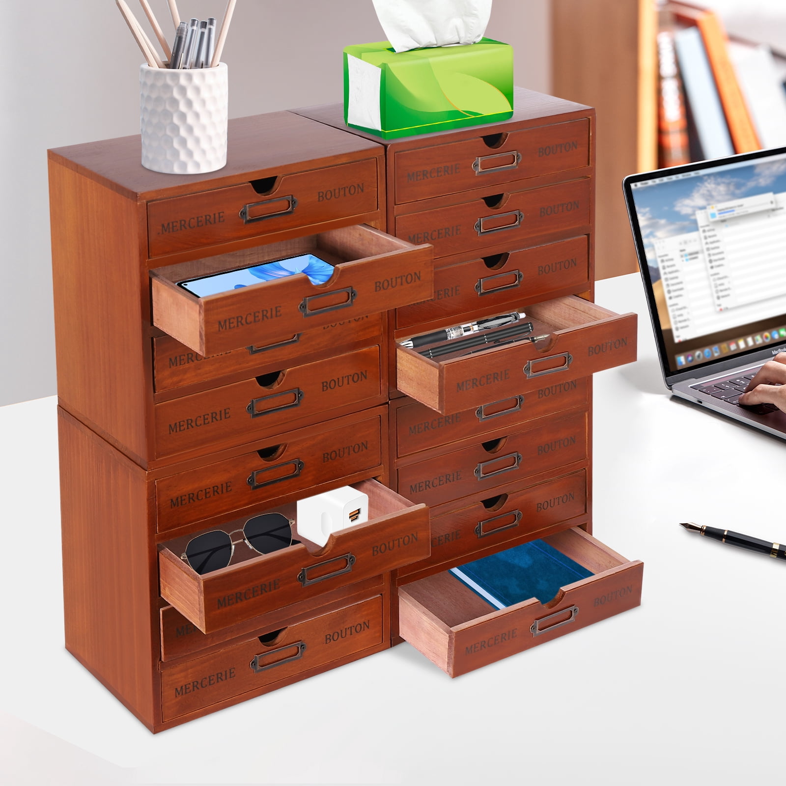 Peakora 4PCS 16-Drawer Wooden Desk Organizer Pine Wood Storage Drawers Vintage Shelf Drawer Desktop Organizer with Drawers Retro Style Storage Box Desktop Storage for Office Study Bedroom Dresser