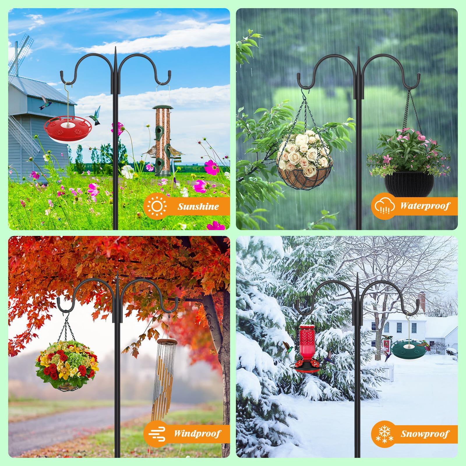 Adjustable Double Shepherds Hook For Outdoor With 5 Prong Base 63 Inch Heavy Duty Two Sided Bird Feeder Pole Hanging Plant Baskets  Solar Light Lanterns Wind Chimes 2 Pack