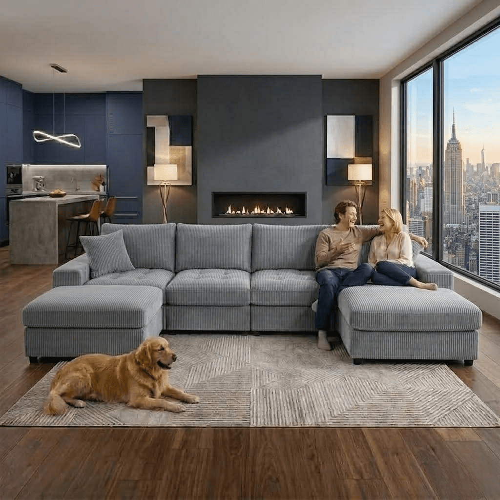 Howcool Cloud Couch Modular Sectional Sofa 6 Seat 134" U Shaped Convertible Couch Corduroy Thick Cushion with 2 Storage Ottomans and Toss Pillows Washable Removable Cover for Living Room,Dark Grey
